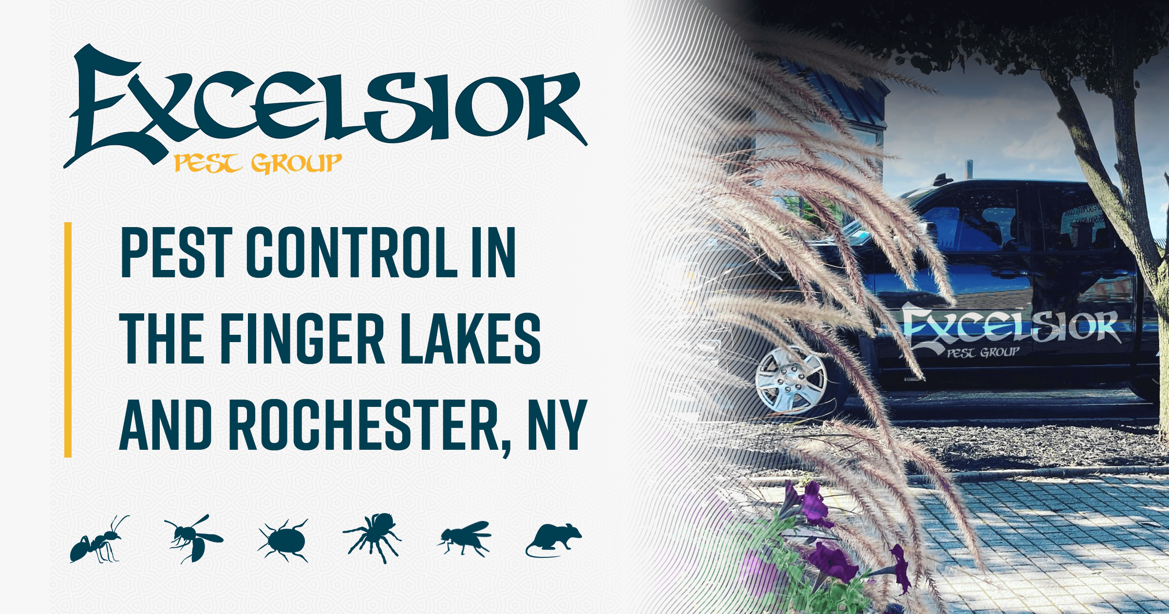 Excelsior Pest Group truck with text 'Pest Control in the Finger Lakes and Rochester, NY'